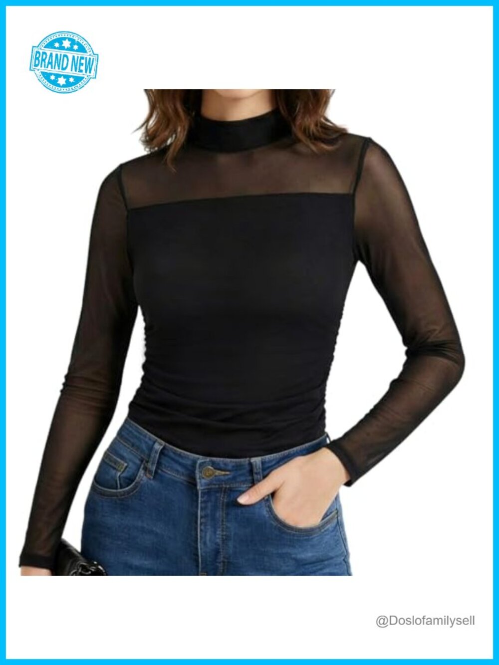 Women Sheer Mesh Mock Neck Long Sleeve Fitted Blouse Party Clubwear Top